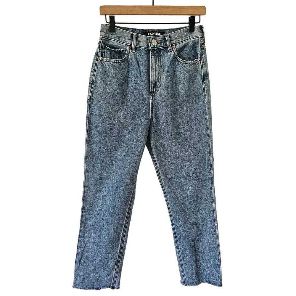 Express Super High Rise Mom Jeans‎ Women's 2 Raw Hem Straigh Leg
